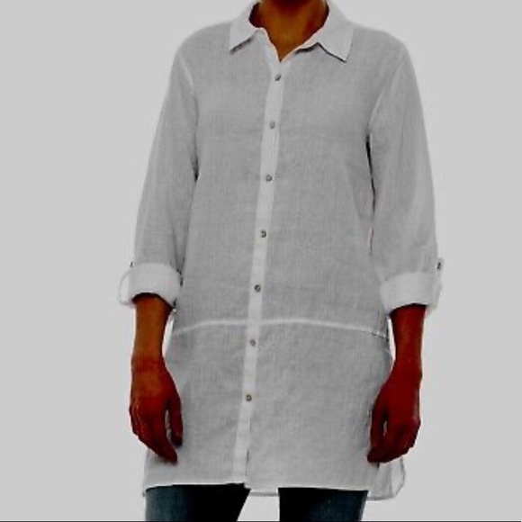 Tahari White Linen Tunic Button Down Blouse Top Classic Closet Staple Capsule - Picture 3 of 12